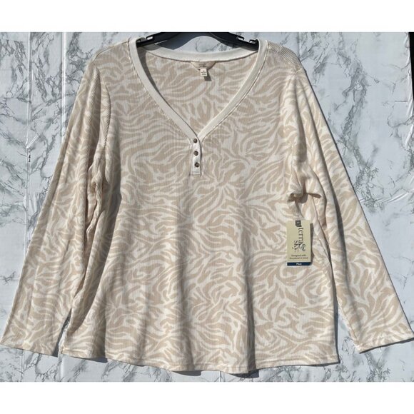 Terra & Sky Womens Plus Size 2X Beige & White Zebra Print Waffle Knit Henley Top - Picture 1 of 5